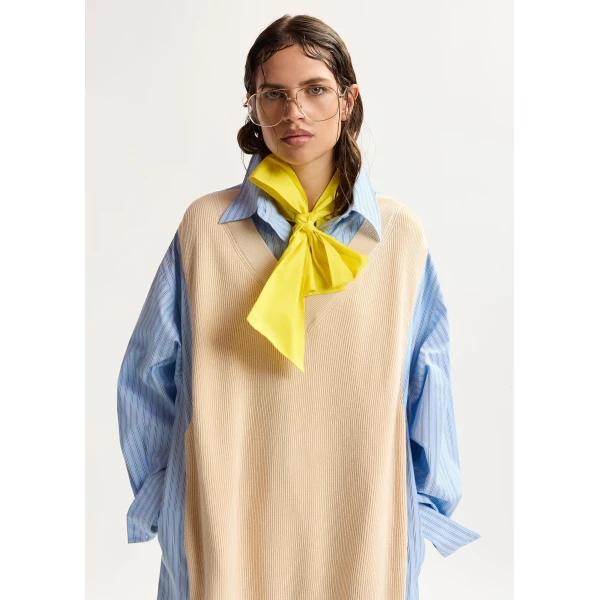Essentiel Antwerp Cream And Light Blue Knit-Panel Oversized Shirt Dress, view 3