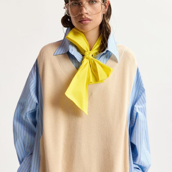 Essentiel Antwerp Cream And Light Blue Knit-Panel Oversized Shirt Dress - Essentiel Antwerp Dresses - Colorful Belgian Design - Shop at Coveti