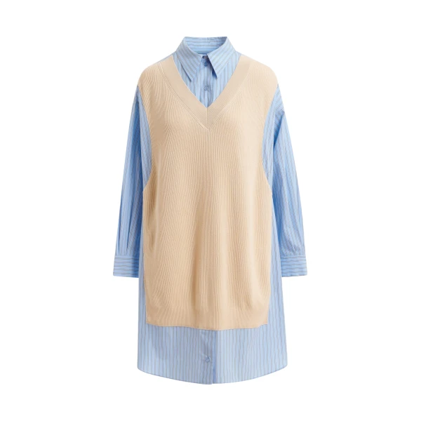 Essentiel Antwerp Cream And Light Blue Knit-Panel Oversized Shirt Dress - Essentiel Antwerp Dresses - Colorful Belgian Design - Shop at Coveti