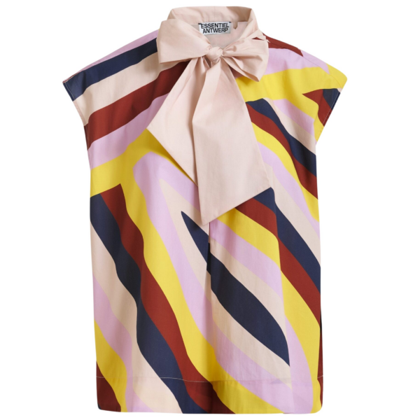 Essentiel Antwerp Cream And Multicolor Graphic Sleeveless Top With Tie Neckline - Essentiel Antwerp Tops - Colorful Belgian Design - Shop at Coveti