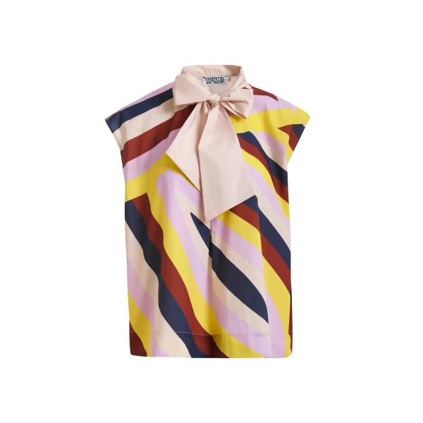 Essentiel Antwerp Cream And Multicolor Graphic Sleeveless Top With Tie Neckline - Essentiel Antwerp Tops - Colorful Belgian Design - Shop at Coveti
