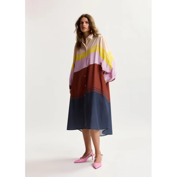 Essentiel Antwerp Cream And Multicolor Oversized Cotton Shirt Dress With Placed Stripe Print, view 2
