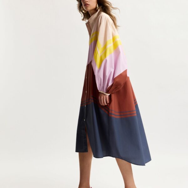 Essentiel Antwerp Cream And Multicolor Oversized Cotton Shirt Dress With Placed Stripe Print - Essentiel Antwerp Dresses - Colorful Belgian Design - Shop at Coveti