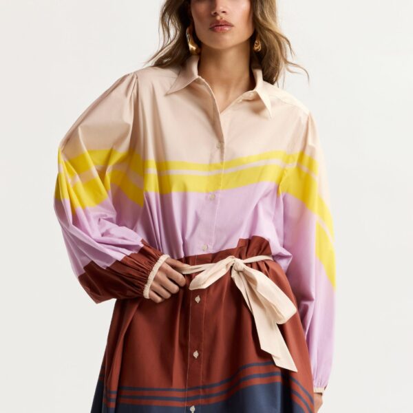Essentiel Antwerp Cream And Multicolor Oversized Cotton Shirt Dress With Placed Stripe Print - Essentiel Antwerp Dresses - Colorful Belgian Design - Shop at Coveti