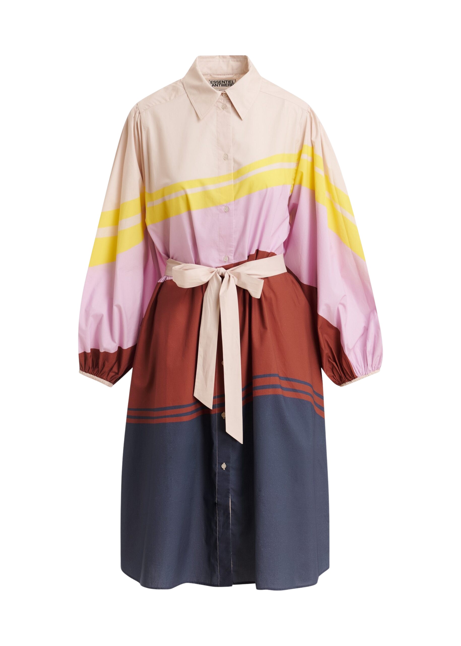 Essentiel Antwerp Cream And Multicolor Oversized Cotton Shirt Dress With Placed Stripe Print - Essentiel Antwerp Dresses - Colorful Belgian Design - Shop at Coveti