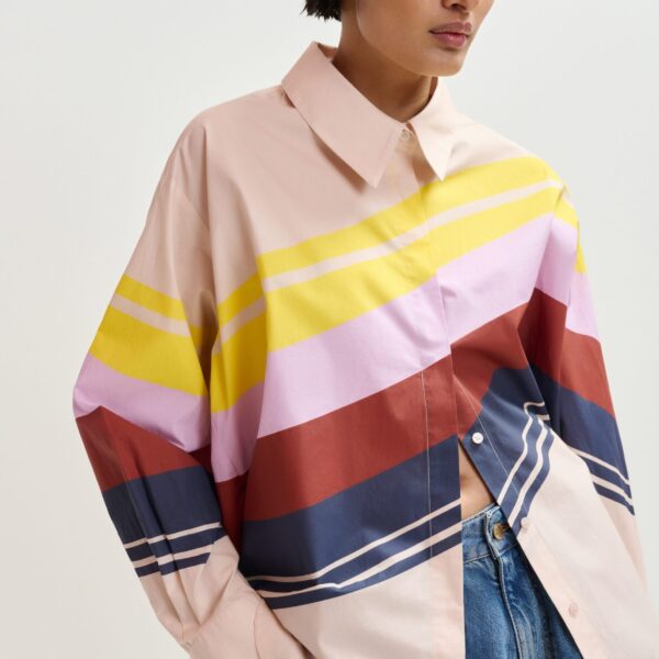 Essentiel Antwerp Cream And Multicolor Oversized Cotton Shirt With Placed Stripe Print - Essentiel Antwerp Tops - Colorful Belgian Design - Shop at Coveti