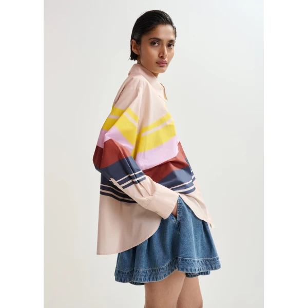 Essentiel Antwerp Cream And Multicolor Oversized Cotton Shirt With Placed Stripe Print, view 3