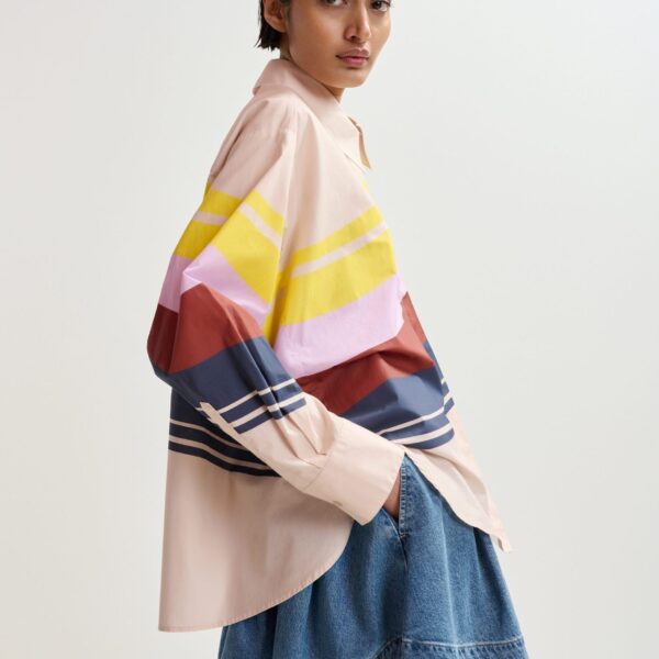 Essentiel Antwerp Cream And Multicolor Oversized Cotton Shirt With Placed Stripe Print - Essentiel Antwerp Tops - Colorful Belgian Design - Shop at Coveti