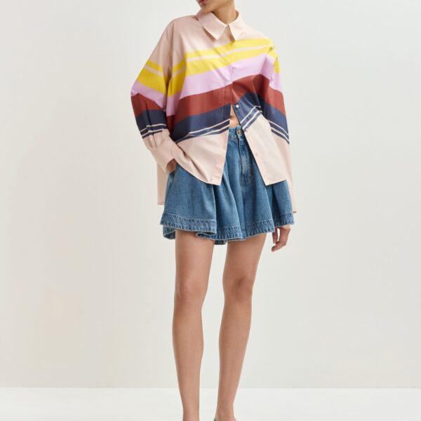 Essentiel Antwerp Cream And Multicolor Oversized Cotton Shirt With Placed Stripe Print - Essentiel Antwerp Tops - Colorful Belgian Design - Shop at Coveti