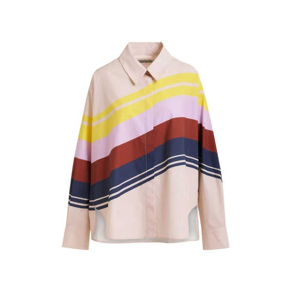 Essentiel Antwerp Cream And Multicolor Oversized Cotton Shirt With Placed Stripe Print - Essentiel Antwerp Tops - Colorful Belgian Design - Shop at Coveti