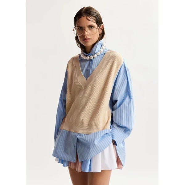 Essentiel Antwerp Cream, Light Blue And Black Knit-Panel Oversized Shirt, view 2
