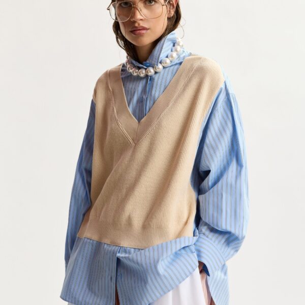 Light Blue And Black Knit-Panel Oversized Shirt - Essentiel Antwerp Tops - Colorful Belgian Design - Shop at Coveti