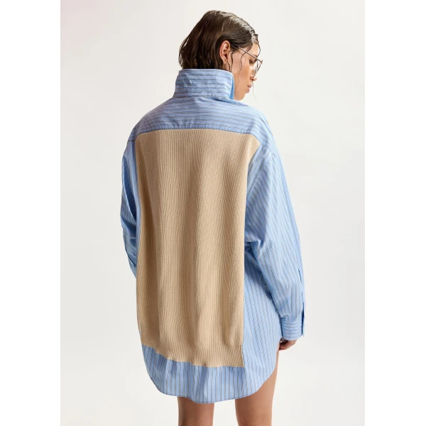 Essentiel Antwerp Cream, Light Blue And Black Knit-Panel Oversized Shirt, view 3