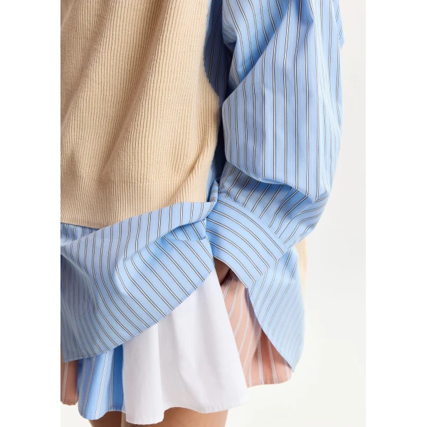 Essentiel Antwerp Cream, Light Blue And Black Knit-Panel Oversized Shirt, view 5