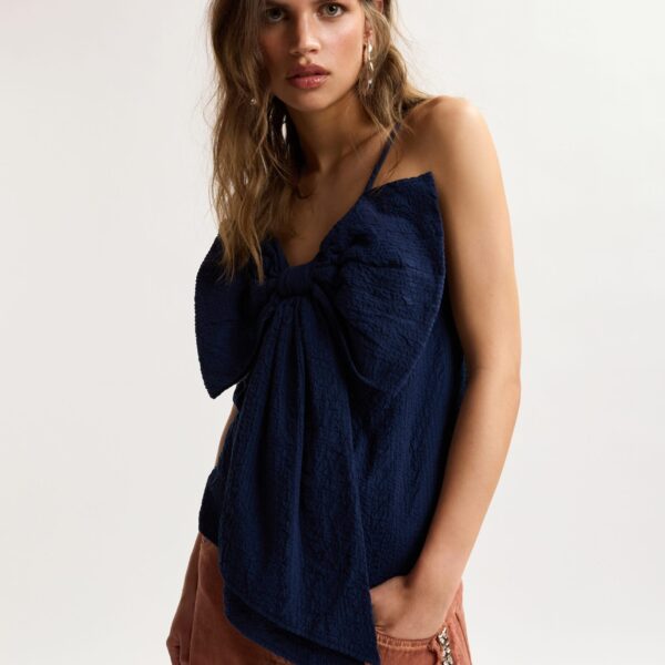 Essentiel Antwerp Dark Blue Cotton Top With Bow Detail - Essentiel Antwerp Tops - Colorful Belgian Design - Shop at Coveti