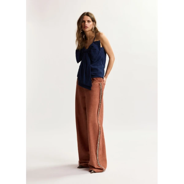 Essentiel Antwerp Dark Blue Cotton Top With Bow Detail, view 3