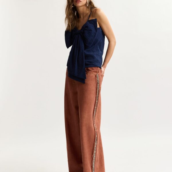 Essentiel Antwerp Dark Blue Cotton Top With Bow Detail - Essentiel Antwerp Tops - Colorful Belgian Design - Shop at Coveti