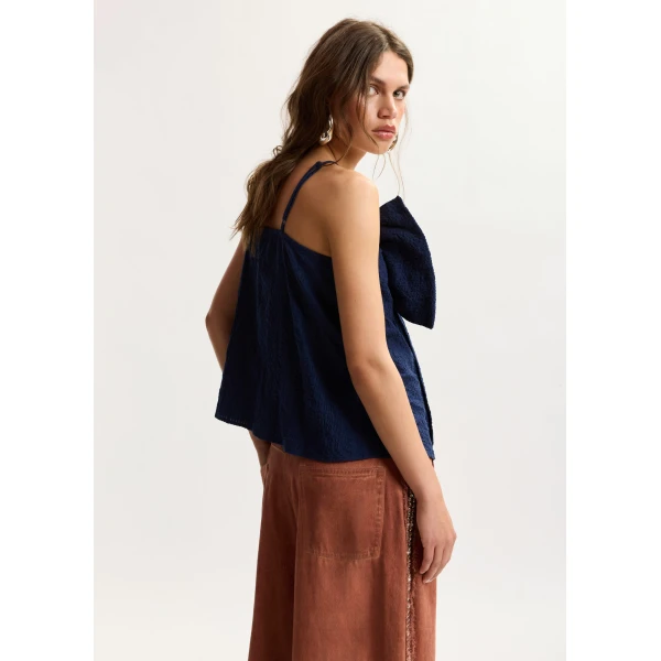 Essentiel Antwerp Dark Blue Cotton Top With Bow Detail, view 4
