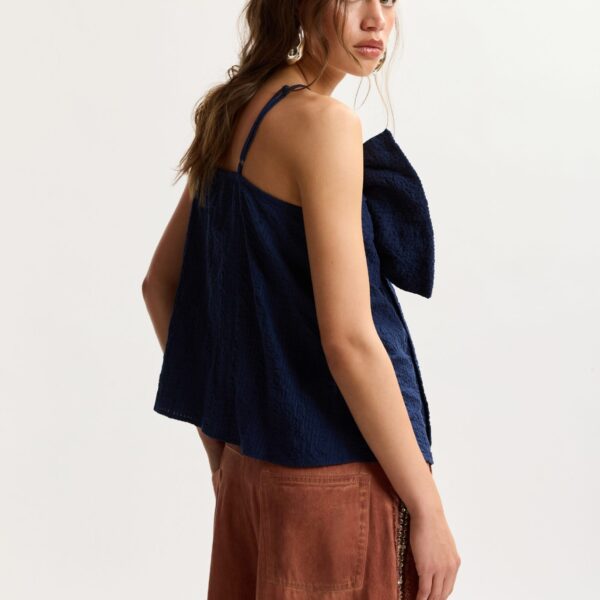 Essentiel Antwerp Dark Blue Cotton Top With Bow Detail - Essentiel Antwerp Tops - Colorful Belgian Design - Shop at Coveti