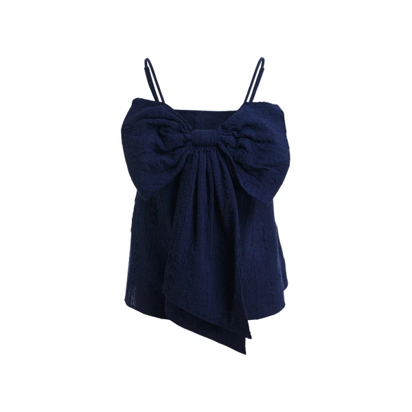 Essentiel Antwerp Dark Blue Cotton Top With Bow Detail - Essentiel Antwerp Tops - Colorful Belgian Design - Shop at Coveti