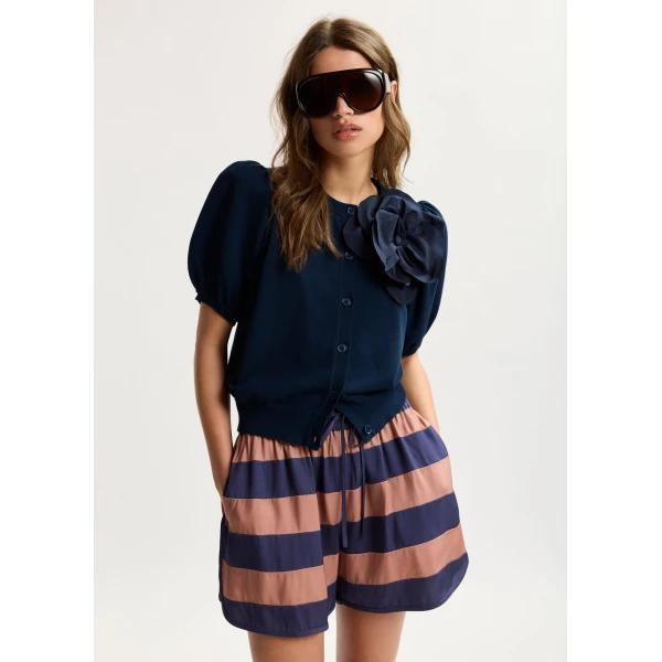 Essentiel Antwerp Dark Blue Fine Knit Cardigan With Oversized Flower Brooch, view 2