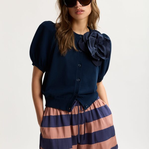 Essentiel Antwerp Dark Blue Fine Knit Cardigan With Oversized Flower Brooch - Essentiel Antwerp Knitwear - Colorful Belgian Design - Shop at Coveti