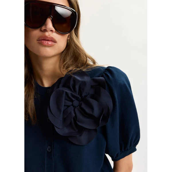Essentiel Antwerp Dark Blue Fine Knit Cardigan With Oversized Flower Brooch, view 3