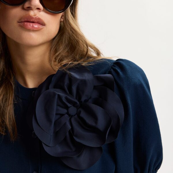 Essentiel Antwerp Dark Blue Fine Knit Cardigan With Oversized Flower Brooch - Essentiel Antwerp Knitwear - Colorful Belgian Design - Shop at Coveti