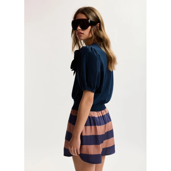Essentiel Antwerp Dark Blue Fine Knit Cardigan With Oversized Flower Brooch, view 4