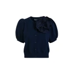 Essentiel Antwerp Dark Blue Fine Knit Cardigan With Oversized Flower Brooch - Essentiel Antwerp Knitwear - Colorful Belgian Design - Shop at Coveti