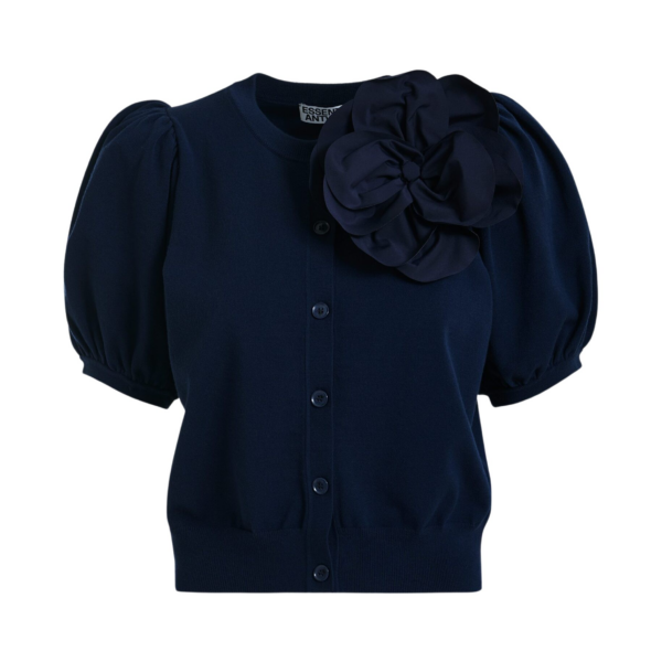 Essentiel Antwerp Dark Blue Fine Knit Cardigan With Oversized Flower Brooch - Essentiel Antwerp Knitwear - Colorful Belgian Design - Shop at Coveti