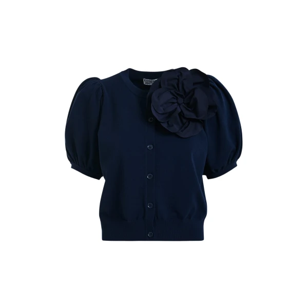Essentiel Antwerp Dark Blue Fine Knit Cardigan With Oversized Flower Brooch - Essentiel Antwerp Knitwear - Colorful Belgian Design - Shop at Coveti