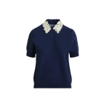 Essentiel Antwerp Dark Blue Fine Knit Polo Top With White And Yellow Floral Embellished Collar - Essentiel Antwerp Tops - Colorful Belgian Design - Shop at Coveti