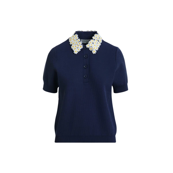 Essentiel Antwerp Dark Blue Fine Knit Polo Top With White And Yellow Floral Embellished Collar - Essentiel Antwerp Tops - Colorful Belgian Design - Shop at Coveti