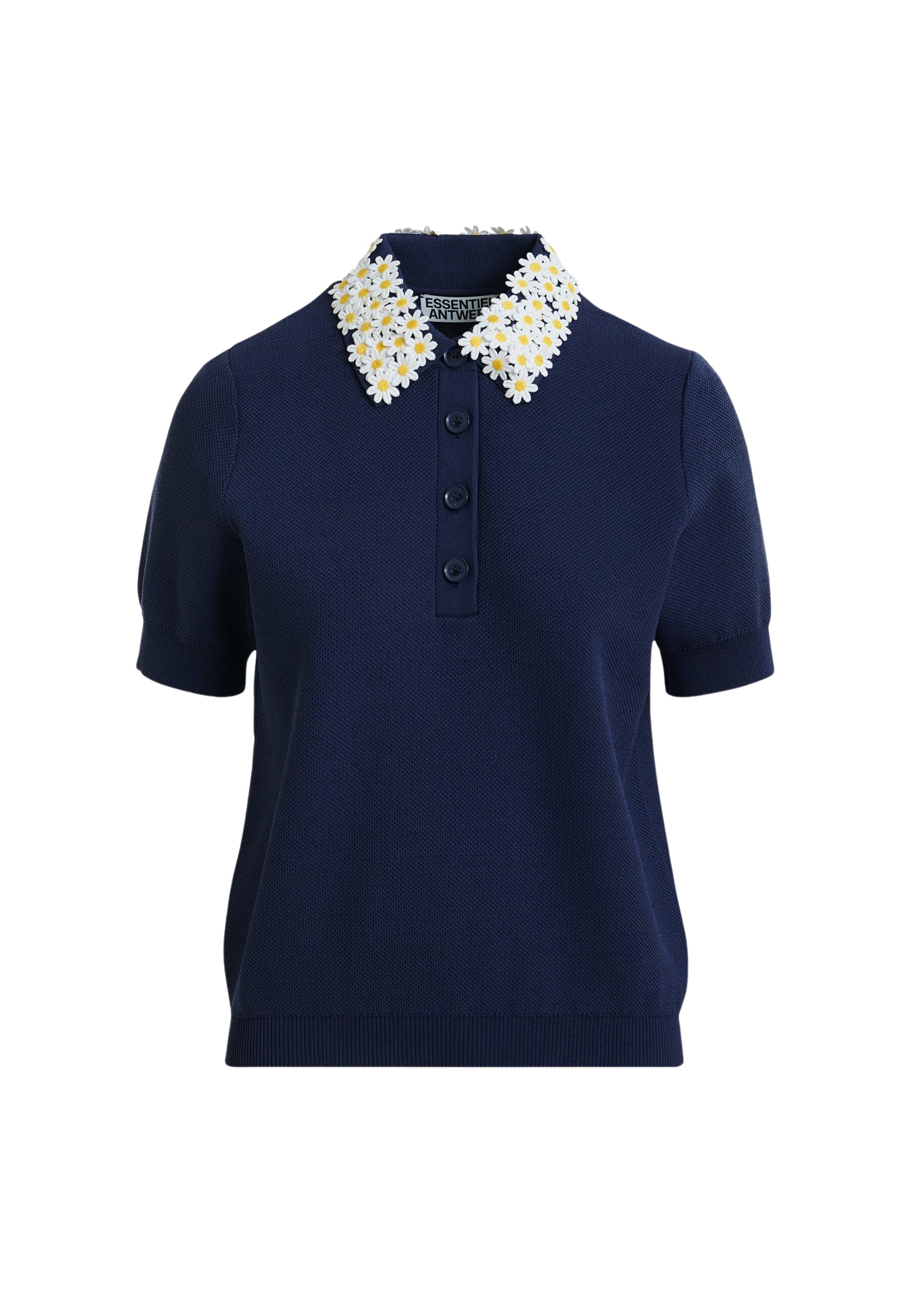 Essentiel Antwerp Dark Blue Fine Knit Polo Top With White And Yellow Floral Embellished Collar - Essentiel Antwerp Tops - Colorful Belgian Design - Shop at Coveti