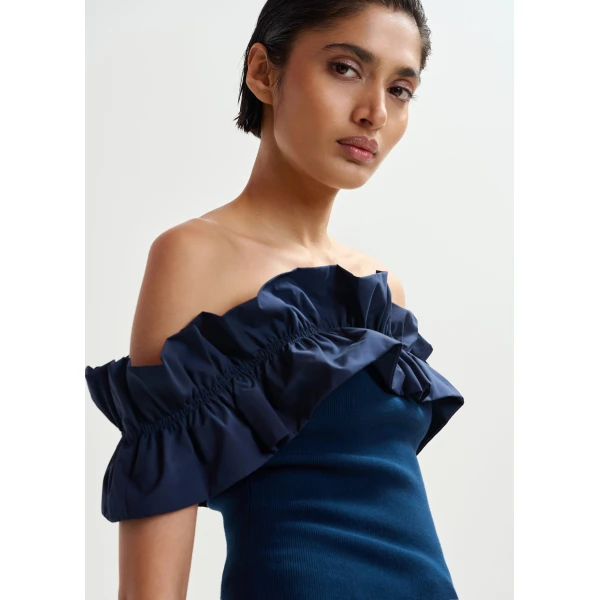 Essentiel Antwerp Dark Blue Off-Shoulder Knit Top With Ruffle Trim, view 2