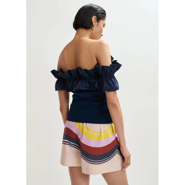 Essentiel Antwerp Dark Blue Off-Shoulder Knit Top With Ruffle Trim, view 4
