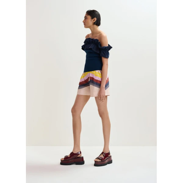 Essentiel Antwerp Dark Blue Off-Shoulder Knit Top With Ruffle Trim, view 5