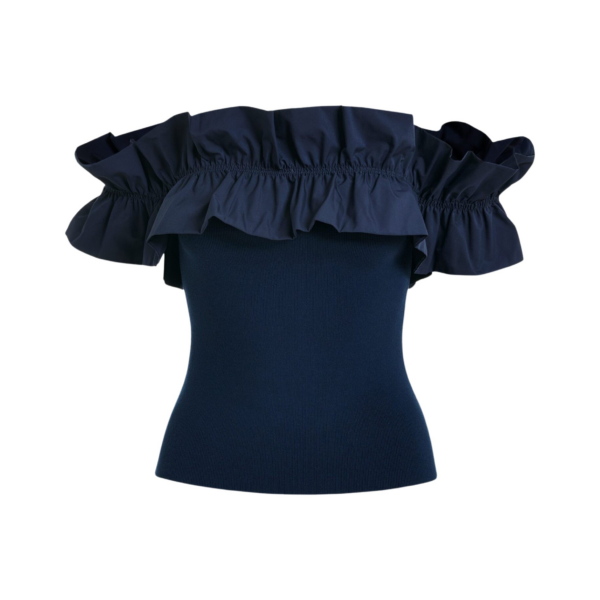 Essentiel Antwerp Dark Blue Off-Shoulder Knit Top With Ruffle Trim - Essentiel Antwerp Tops - Colorful Belgian Design - Shop at Coveti