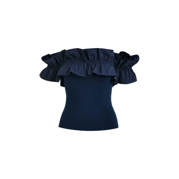 Essentiel Antwerp Dark Blue Off-Shoulder Knit Top With Ruffle Trim - Essentiel Antwerp Tops - Colorful Belgian Design - Shop at Coveti