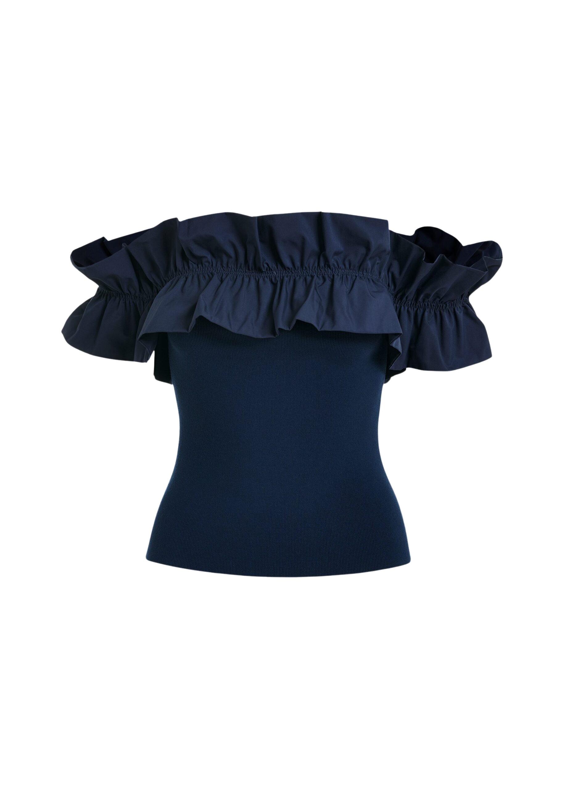 Essentiel Antwerp Dark Blue Off-Shoulder Knit Top With Ruffle Trim - Essentiel Antwerp Tops - Colorful Belgian Design - Shop at Coveti
