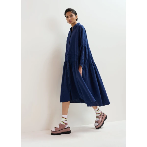 Essentiel Antwerp Dark Blue Shirt Dress With Pleated Waist, view 2