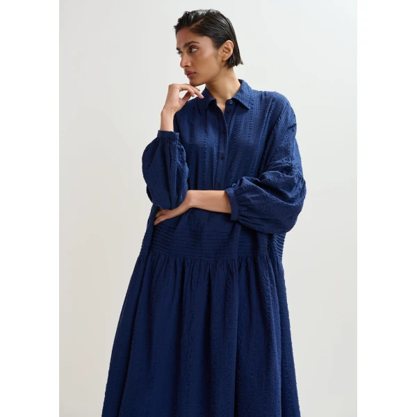 Essentiel Antwerp Dark Blue Shirt Dress With Pleated Waist, view 4