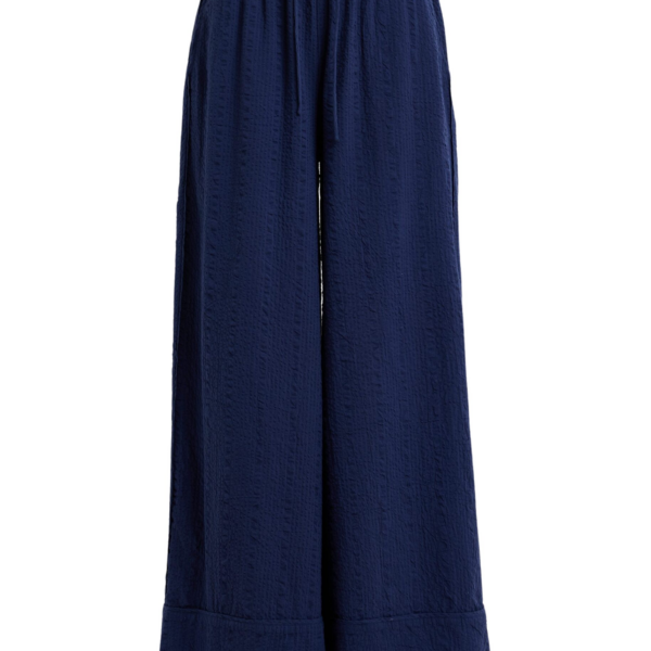 Essentiel Antwerp Dark Blue Wide-Leg Pants With Contrast Stitching - Essentiel Antwerp Pants - Colorful Belgian Design - Shop at Coveti
