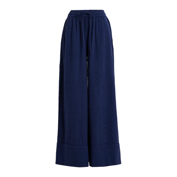 Essentiel Antwerp Dark Blue Wide-Leg Pants With Contrast Stitching - Essentiel Antwerp Pants - Colorful Belgian Design - Shop at Coveti