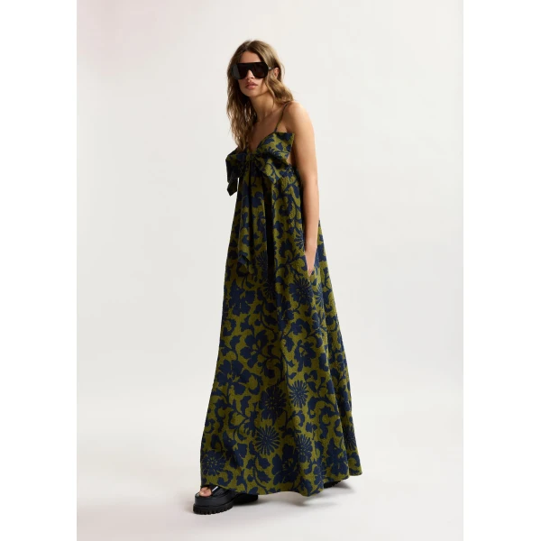 Essentiel Antwerp Green And Dark Blue Floral Print Babydoll Midi Dress With Bow Detail, view 2