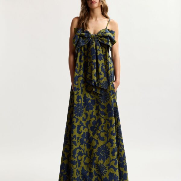 Essentiel Antwerp Green And Dark Blue Floral Print Babydoll Midi Dress With Bow Detail - Essentiel Antwerp Dresses - Colorful Belgian Design - Shop at Coveti