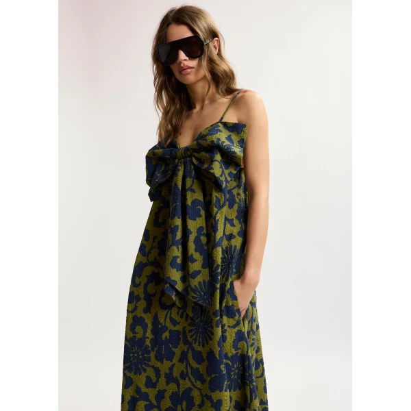 Essentiel Antwerp Green And Dark Blue Floral Print Babydoll Midi Dress With Bow Detail, view 4