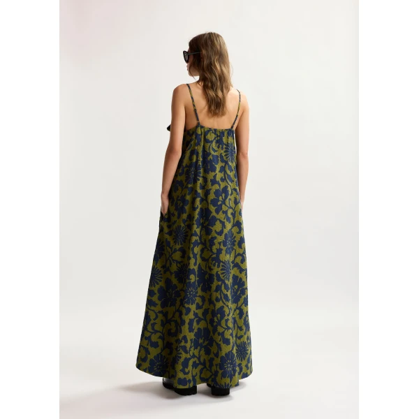 Essentiel Antwerp Green And Dark Blue Floral Print Babydoll Midi Dress With Bow Detail, view 5