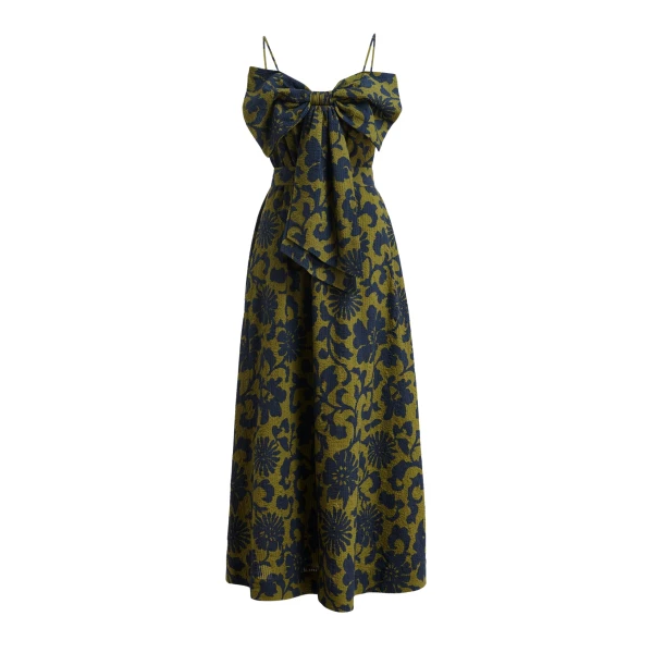 Essentiel Antwerp Green And Dark Blue Floral Print Babydoll Midi Dress With Bow Detail - Essentiel Antwerp Dresses - Colorful Belgian Design - Shop at Coveti